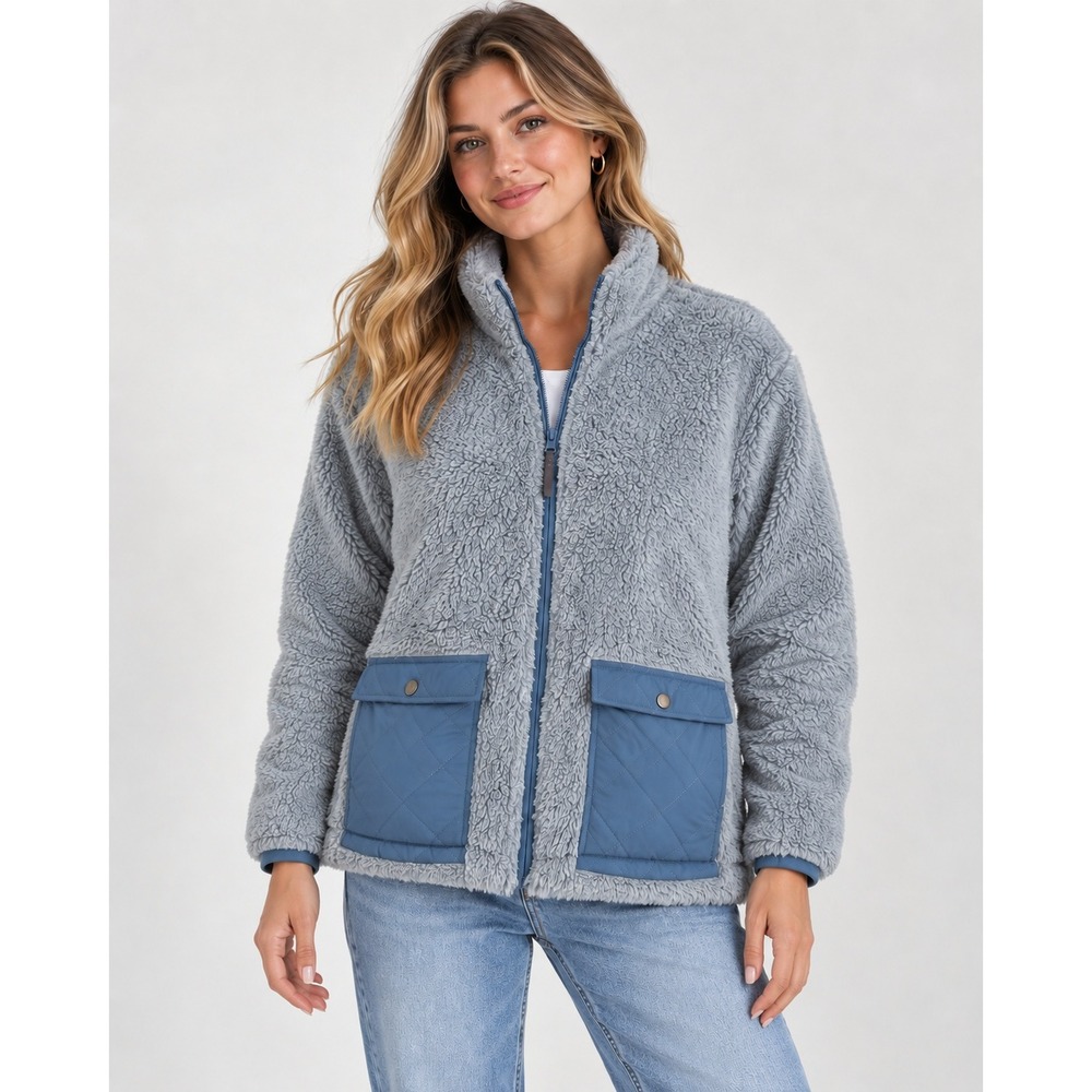 Evy's Tree The Nina Sherpa Storm Blue Color Full Zip Jacket M Pockets So Soft